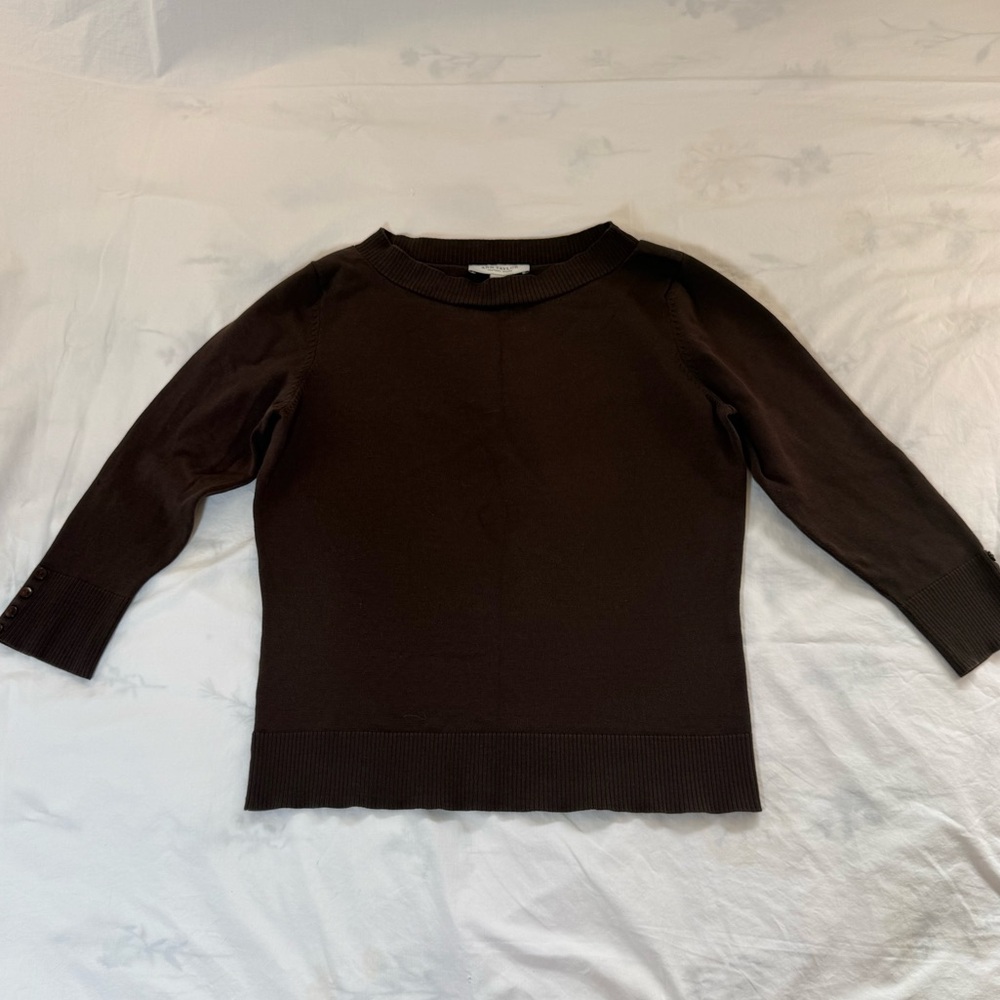 Ann Taylor Classic Chocolate Brown Crewneck Woven Knit Top Medium